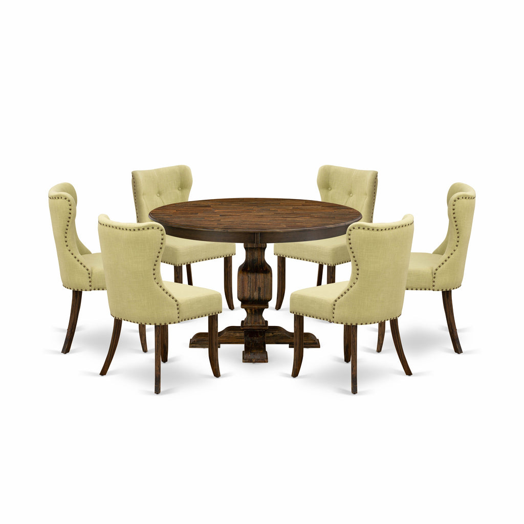 East West Furniture F3SI7-737 7 Piece Kitchen Table & Chairs Set Consist of a Round Dining Room Table with Pedestal and 6 Limelight Linen Fabric Parsons Chairs, 48x48 Inch, Distressed Jacobean