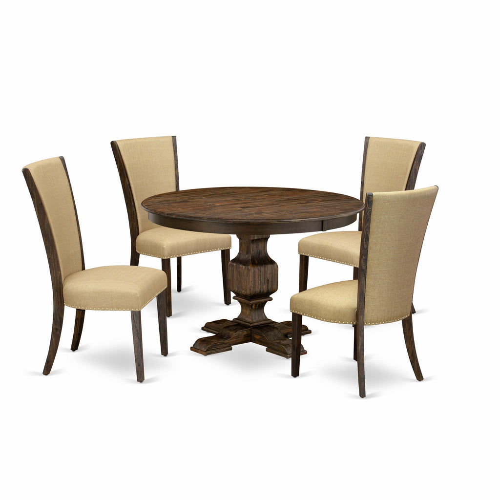 East West Furniture F3VE5-703 5 Piece Dinette Set for 4 Includes a Round Dining Room Table with Pedestal and 4 Brown Linen Fabric Upholstered Parson Chairs, 48x48 Inch, Distressed Jacobean