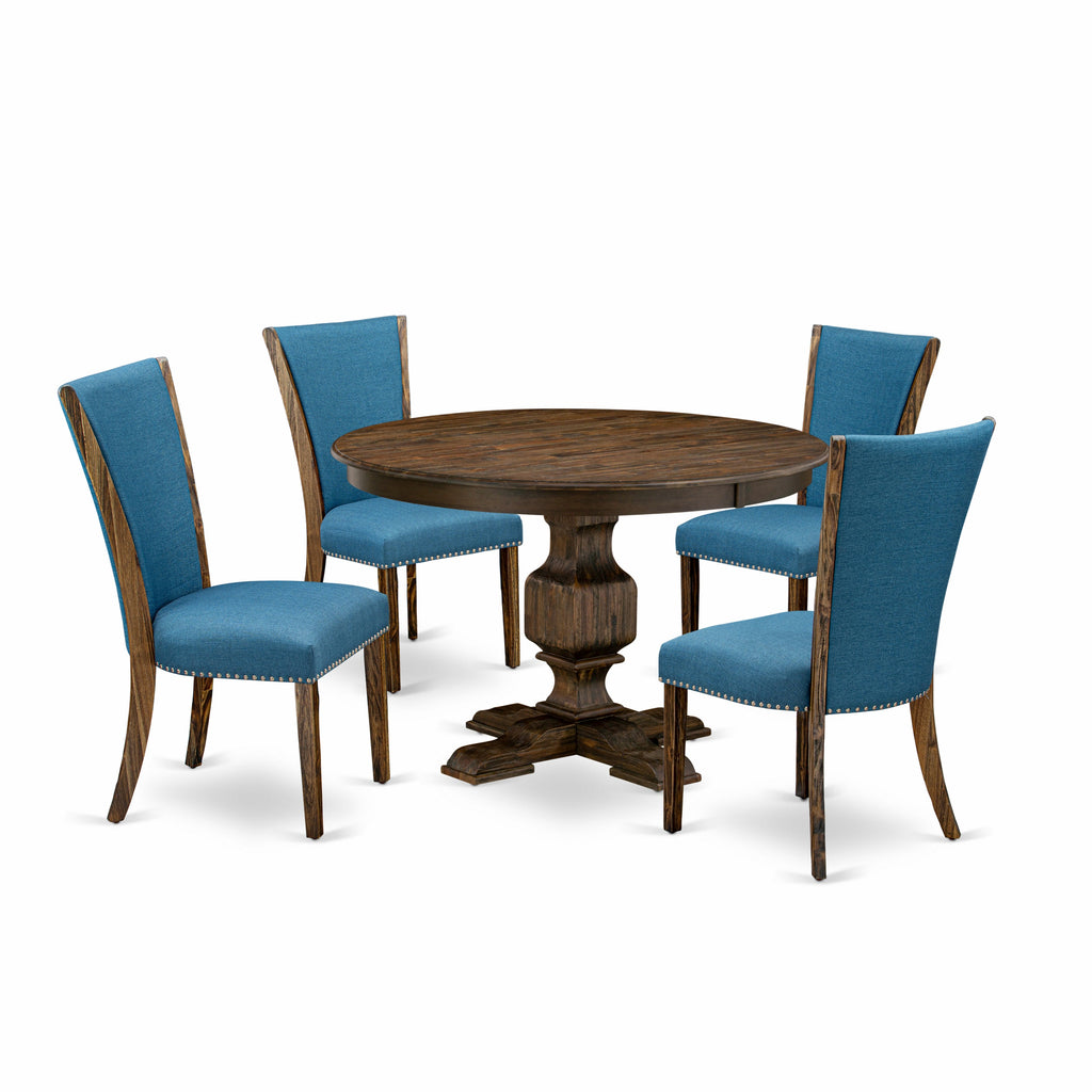 East West Furniture F3VE5-721 5 Piece Kitchen Table Set for 4 Includes a Round Dining Room Table with Pedestal and 4 Blue Color Linen Fabric Upholstered Chairs, 48x48 Inch, Distressed Jacobean