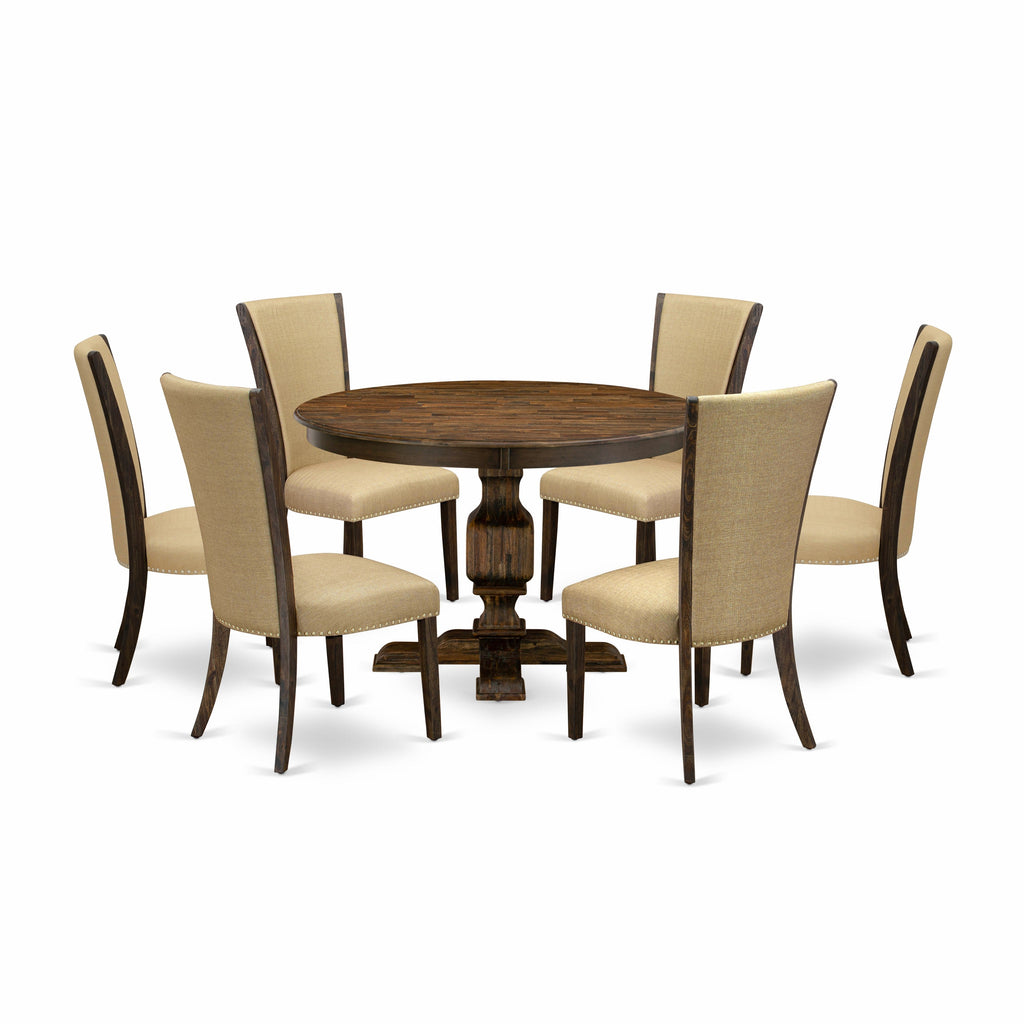 East West Furniture F3VE7-703 7 Piece Dinette Set Consist of a Round Dining Room Table with Pedestal and 6 Brown Linen Fabric Upholstered Parson Chairs, 48x48 Inch, Distressed Jacobean