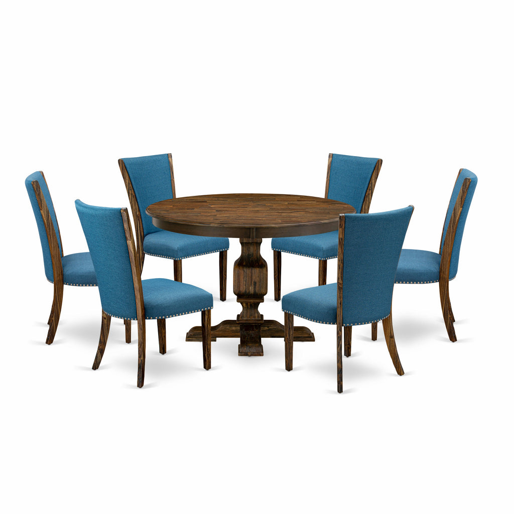 East West Furniture F3VE7-721 7 Piece Dining Set Consist of a Round Dining Room Table with Pedestal and 6 Blue Color Linen Fabric Upholstered Parson Chairs, 48x48 Inch, Distressed Jacobean