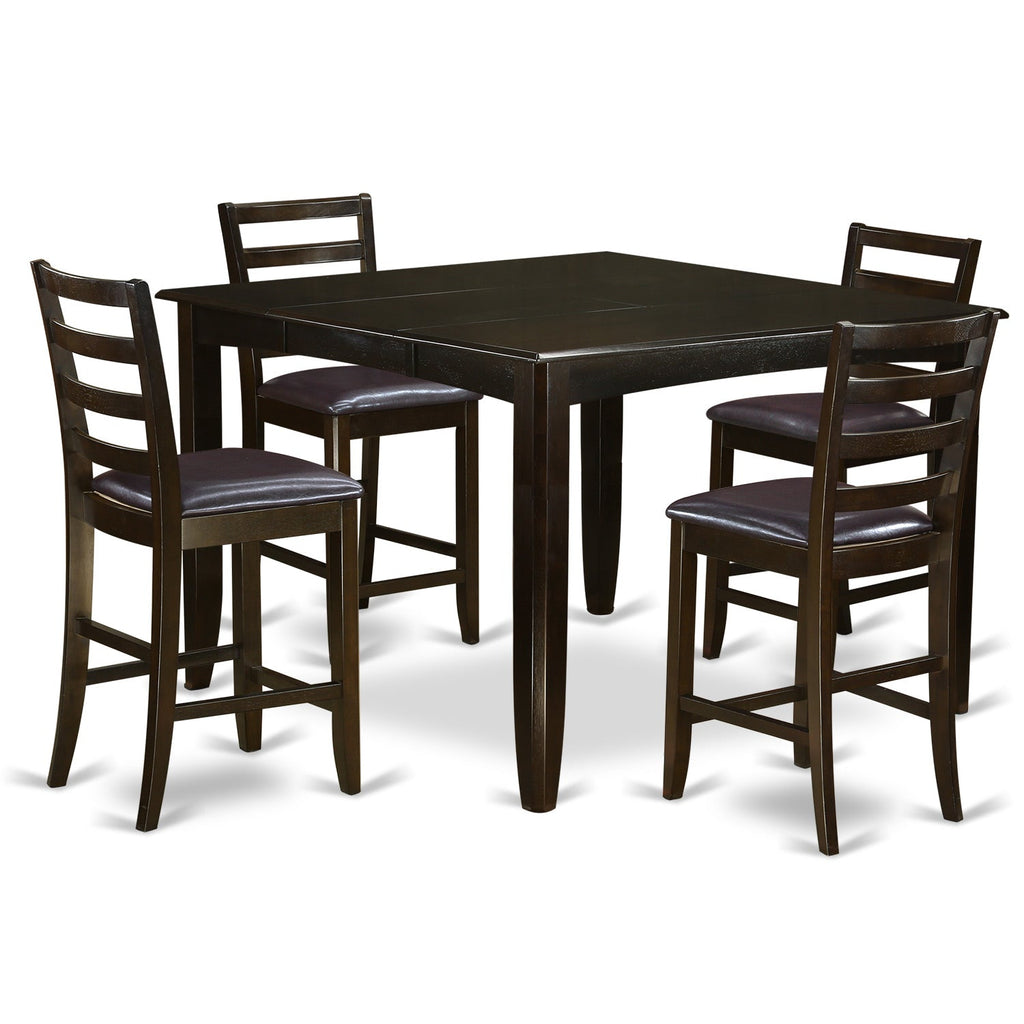 East West Furniture FAIR5-CAP-LC 5 Piece Counter Height Dining Set Includes a Square Kitchen Table with Pedestal and 4 Faux Leather Upholstered Dining Chairs, 54x54 Inch, Cappuccino