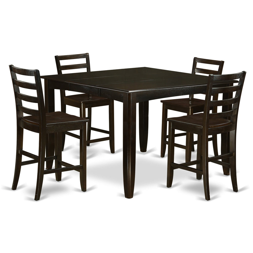East West Furniture FAIR5-CAP-W 5 Piece Counter Height Dining Set Includes a Square Dining Table with Pedestal and 4 Kitchen Chairs, 54x54 Inch, Cappuccino