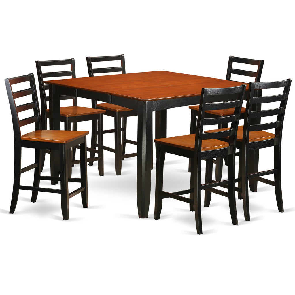 East West Furniture FAIR7-BLK-W 7 Piece Kitchen Counter Height Dining Table Set Consist of a Square Pub Table with Pedestal and 6 Dining Room Chairs, 54x54 Inch, Black & Cherry