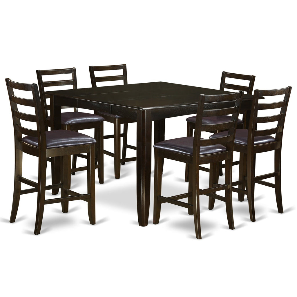 East West Furniture FAIR7-CAP-LC 7 Piece Counter Height Dining Table Set Consist of a Square Wooden Table with Pedestal and 6 Faux Leather Kitchen Dining Chairs, 54x54 Inch, Cappuccino
