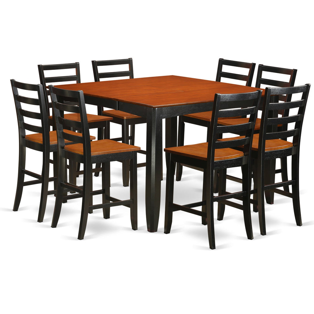 East West Furniture FAIR9-BLK-W 9 Piece Counter Height Dining Set Includes a Square Kitchen Table with Pedestal and 8 Dining Room Chairs, 54x54 Inch, Black & Cherry