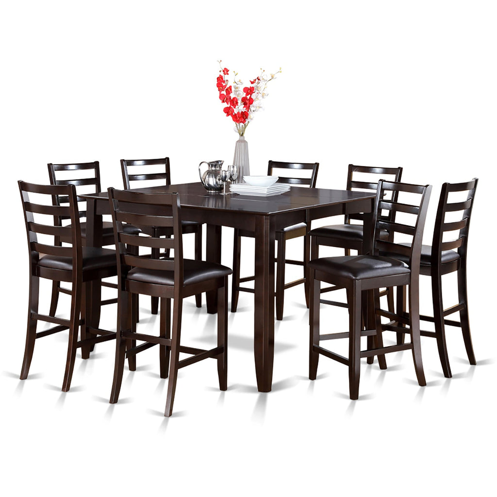 East West Furniture FAIR9-CAP-LC 9 Piece Counter Height Dining Set Includes a Square Kitchen Table with Pedestal and 8 Faux Leather Dining Room Chairs, 54x54 Inch, Cappuccino