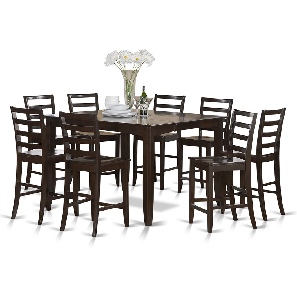 East West Furniture FAIR9-CAP-W 9 Piece Counter Height Pub Set Includes a Square Dining Table with Pedestal and 8 Kitchen Dining Chairs, 54x54 Inch, Cappuccino