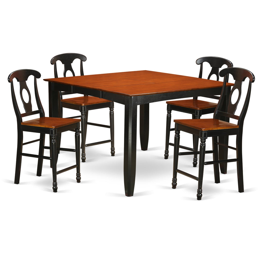 East West Furniture FAKE5H-BLK-W 5 Piece Counter Height Dining Set Includes a Square Kitchen Table with Pedestal and 4 Dining Room Chairs, 54x54 Inch, Black & Cherry