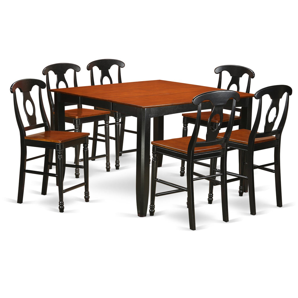 East West Furniture FAKE7H-BLK-W 7 Piece Counter Height Dining Set Consist of a Square Kitchen Table with Pedestal and 6 Dining Chairs, 54x54 Inch, Black & Cherry
