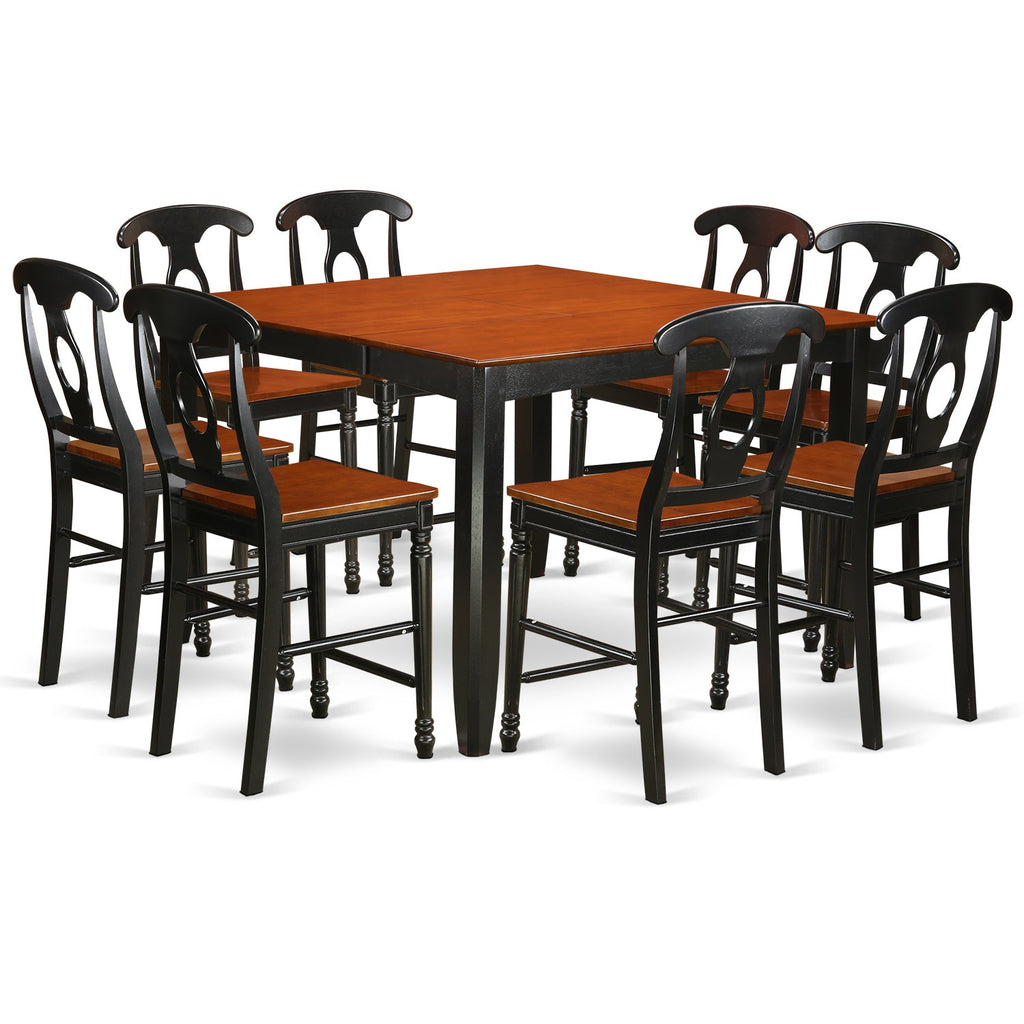 East West Furniture FAKE9H-BLK-W 9 Piece Counter Height Dining Table Set Includes a Square Kitchen Table with Pedestal and 8 Dining Room Chairs, 54x54 Inch, Black & Cherry