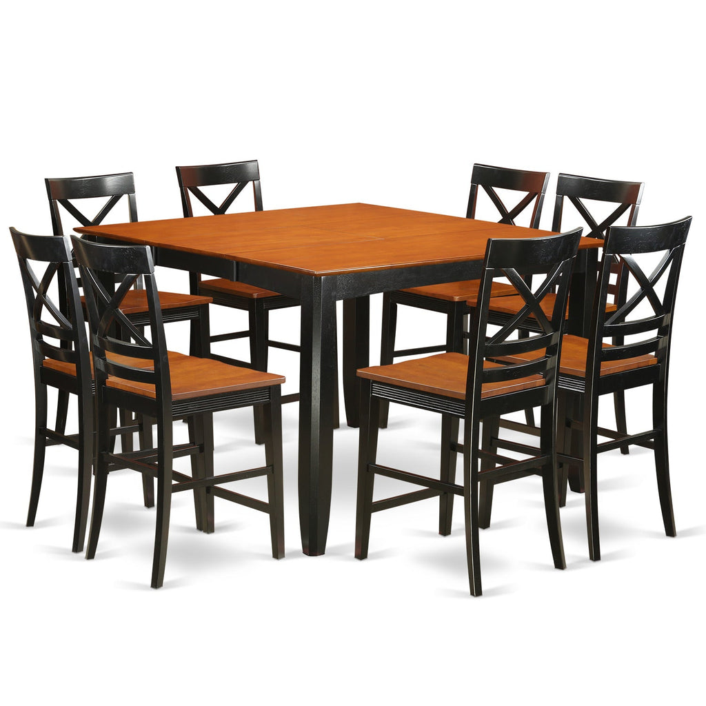 East West Furniture FAQU9H-BLK-W 9 Piece Counter Height Pub Set Includes a Square Dining Table with Pedestal and 8 Kitchen Dining Chairs, 54x54 Inch, Black & Cherry