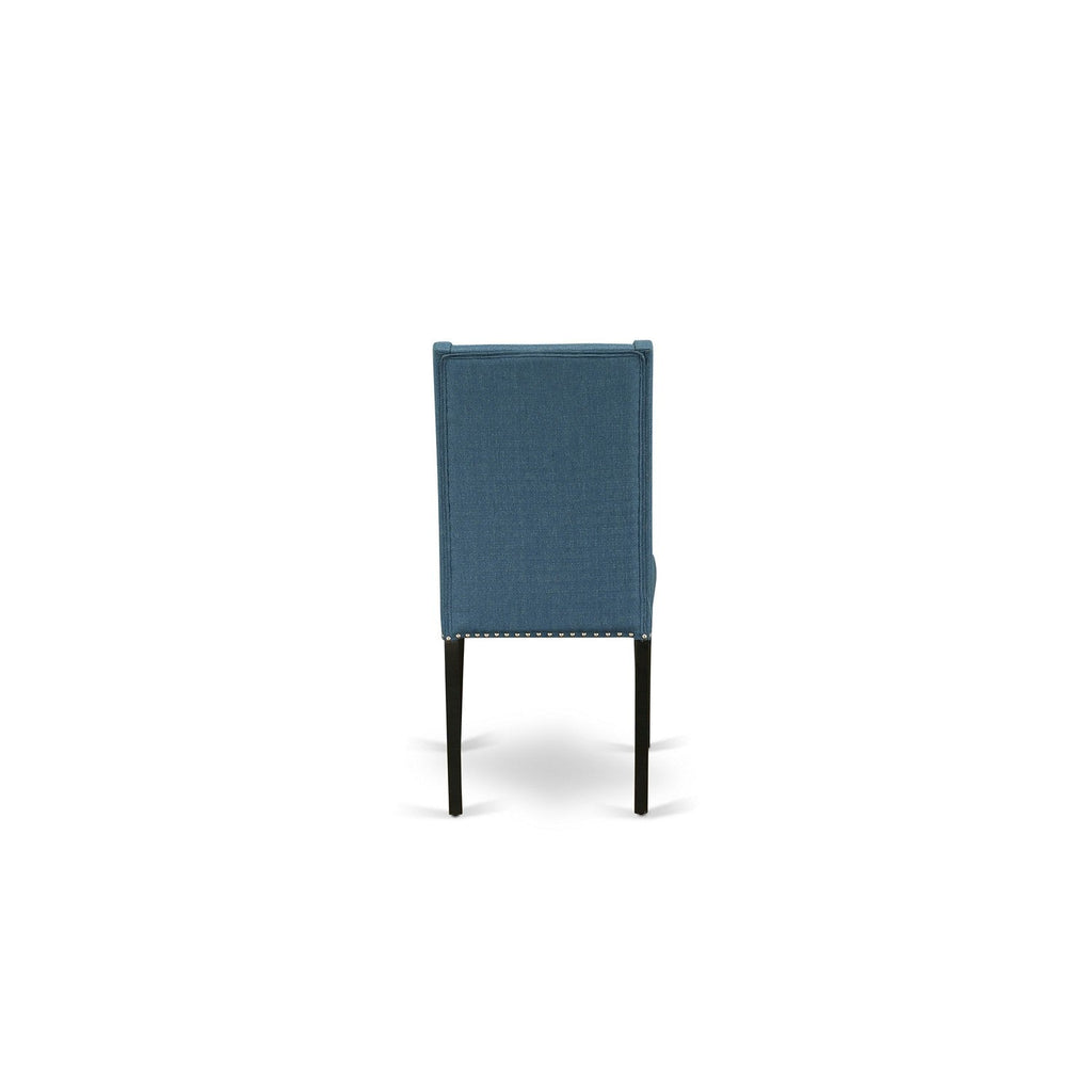 East West Furniture V677FL121-7 7 Piece Kitchen Table & Chairs Set Consist of a Rectangle Dining Room Table with V-Legs and 6 Blue Linen Fabric Parson Dining Chairs, 40x72 Inch, Multi-Color