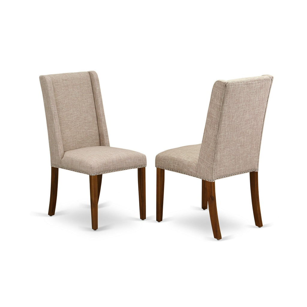 East West Furniture FLP8T04 Florence Parson Dining Room Chairs - Nailhead Trim Light Tan Linen Fabric Upholstered Chairs, Set of 2, Walnut