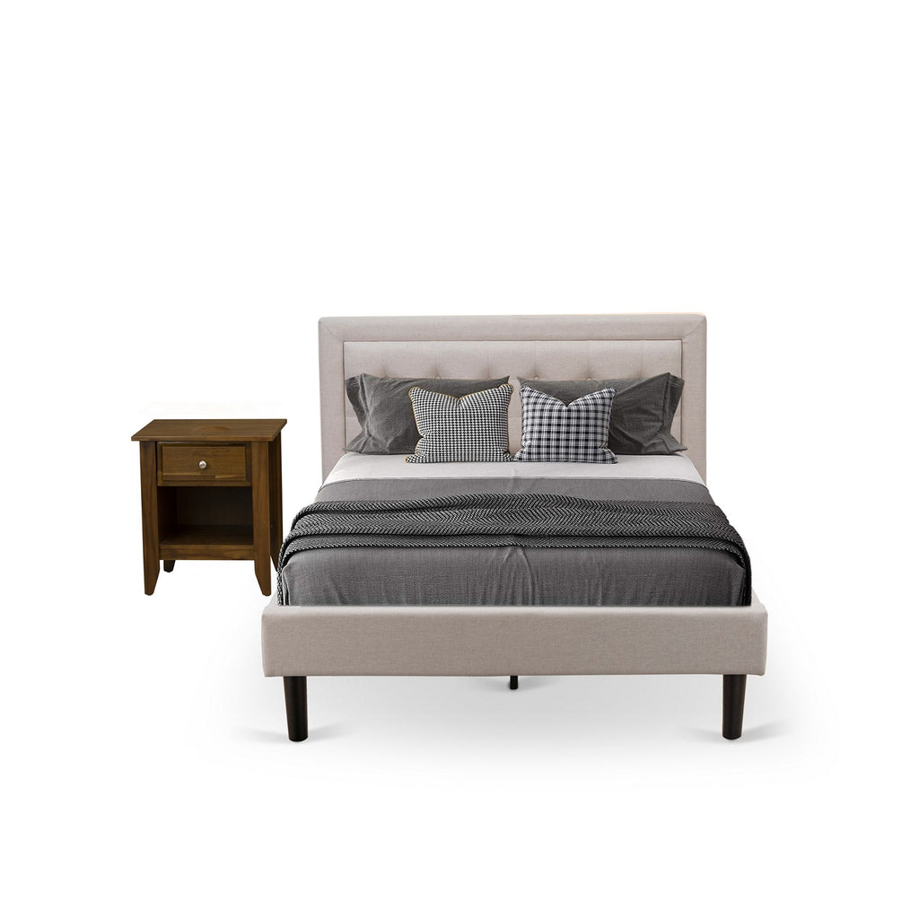 FN08F-1GA08 2-Pc Platform Full Size Bed Set with 1 Wood Bed Frame and a Wood Nightstand - Mist Beige Linen Fabric