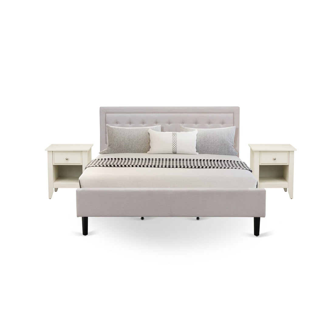 FN08K-2GA0C 3-Piece Platform King Size Bed Set with 1 King Size Bed Frame and 2 Mid Century Nightstands - Reliable and Durable Manufacturing - Mist Beige Linen Fabric
