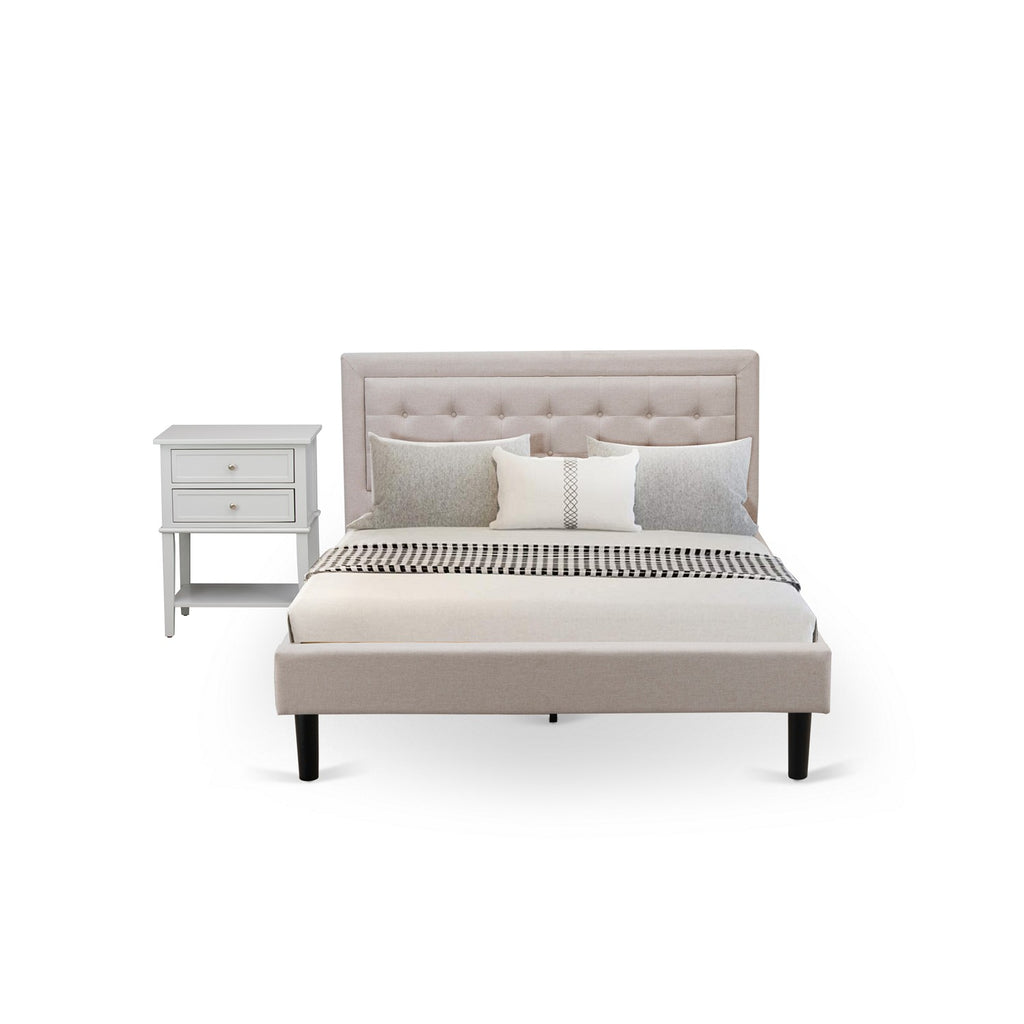 FN08Q-1VL14 2-Piece Fannin Bed Set with 1 Platform Bed and a Bedroom Nightstand - Reliable and Durable Manufacturing - Mist Beige Linen Fabric
