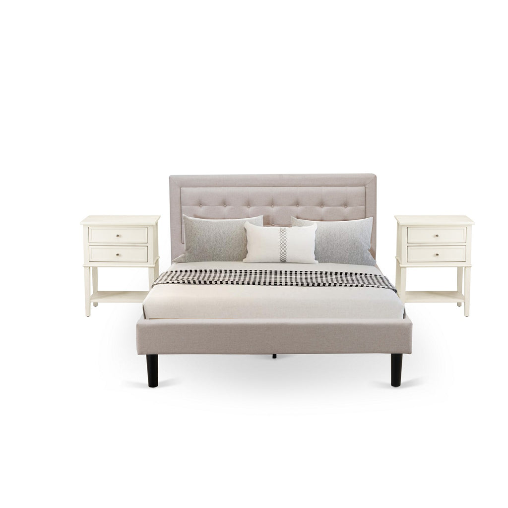 FN08Q-2VL0C 3-Piece Platform Bedroom Set with 1 Queen Size Bed Frame and 2 Small End Tables - Reliable and Durable Manufacturing - Mist Beige Linen Fabric
