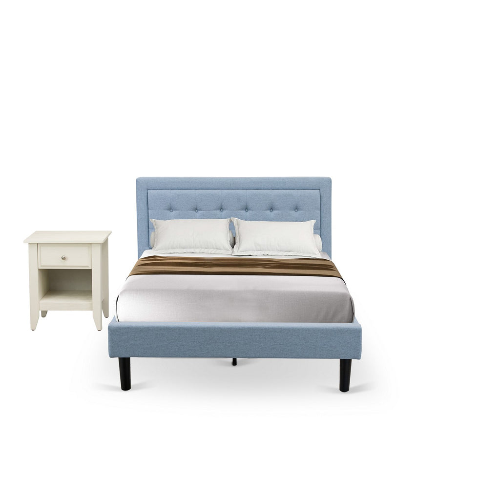 FN11F-1GA0C 2-Pc Platform Full Bedroom Set with 1 Full Bed Frame and a Night Stand - Reliable and Long lasting Manufacturing - Denim Blue Linen Fabric