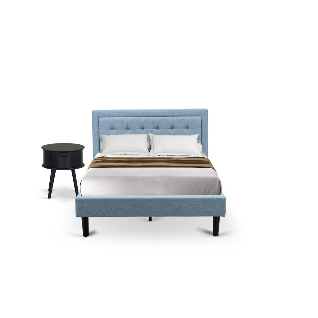 East West Furniture FN11F-1GO15 2-Pc Platform Full Size Bed Set with 1 Bed Frame and a Night Stand for Bedrooms - Reliable and Sturdy Construction - Denim Blue Linen Fabric