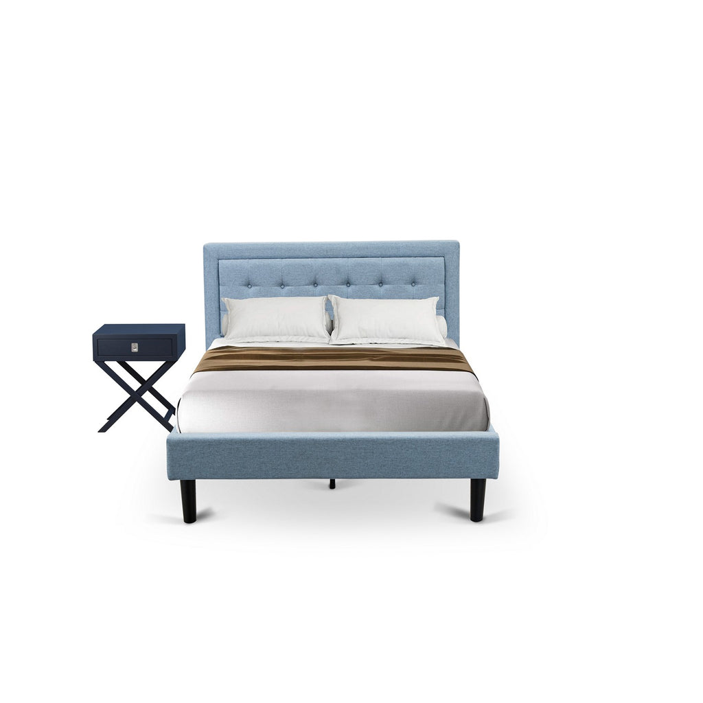 East West Furniture FN11F-1HA15 2-Piece Fannin Full Size Bedroom Set with 1 Wood Bed Frame and a Mid Century Modern Nightstand - Reliable and Durable Manufacturing - Denim Blue Linen Fabric