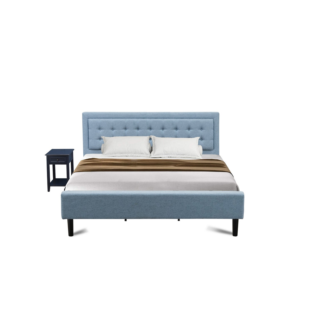 East West Furniture FN11K-1DE15 2-Piece Platform Bedroom Set with 1 Mid Century Bed and 1 Bedroom Nightstand - Reliable and Durable Manufacturing - Denim Blue Linen Fabric