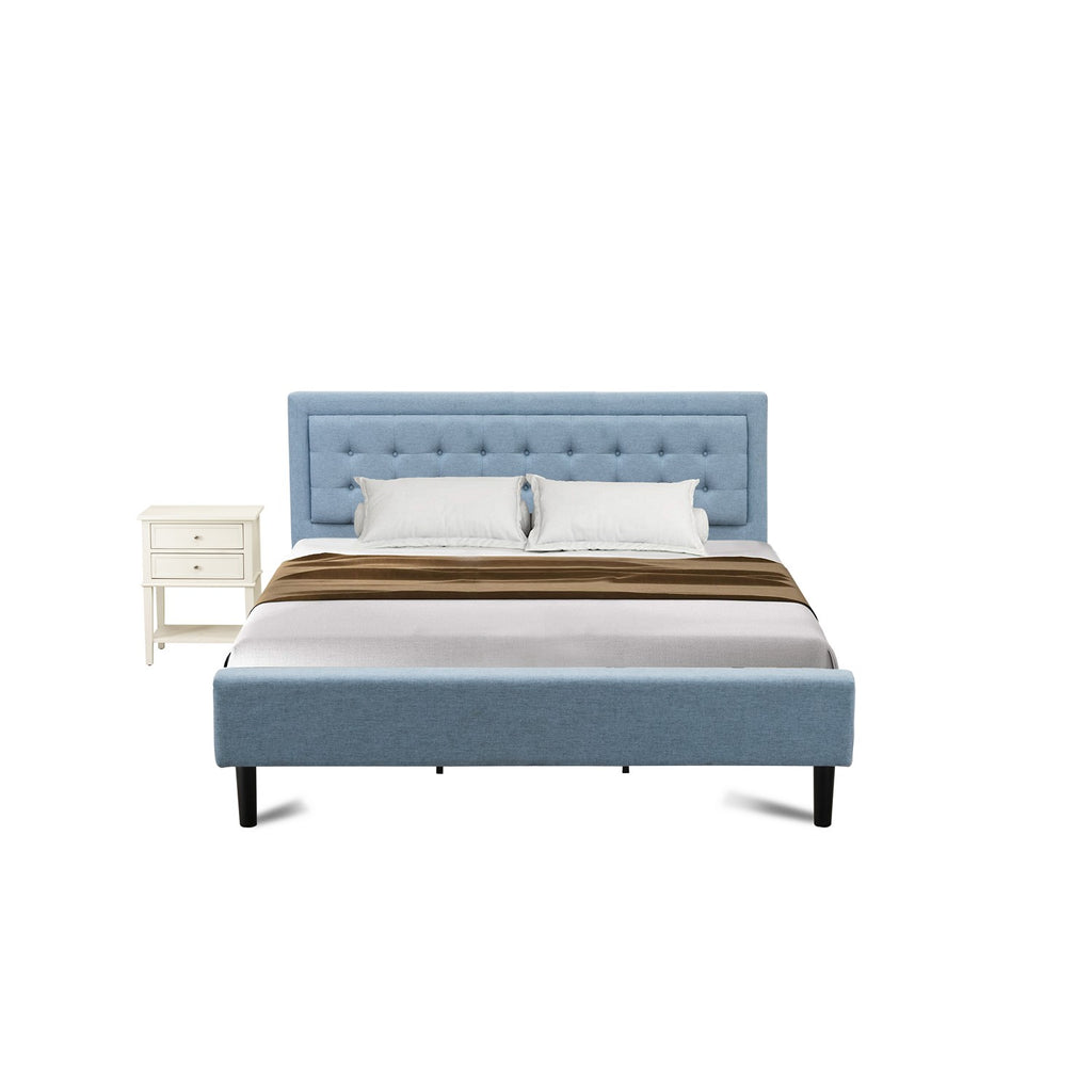FN11K-1VL0C 2-Piece Platform Bed Set with 1 King Size Bed and a Small Nightstand - Reliable and Durable Construction - Denim Blue Linen Fabric