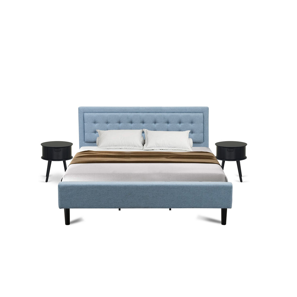 East West Furniture FN11K-2GO15 3-Piece Platform King Size Bedroom Set with 1 King Size Frame and 2 End Tables for bedroom - Reliable and Sturdy Construction - Denim Blue Linen Fabric