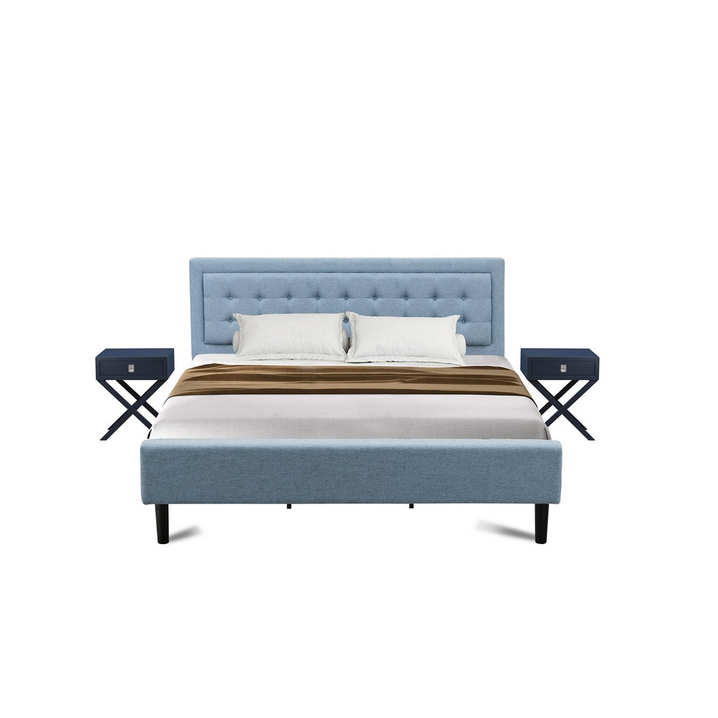 East West Furniture FN11K-2HA15 3-Piece Platform Bedroom Set with 1 Modern Bed and 2 Night Stands for Bedrooms - Reliable and Durable Construction - Denim Blue Linen Fabric
