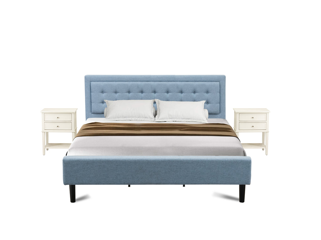 FN11K-2VL0C 3-Piece Platform Bed Set with 1 Modern Bed and 2 Bedroom Nightstands - Reliable and Sturdy Manufacturing - Denim Blue Linen Fabric