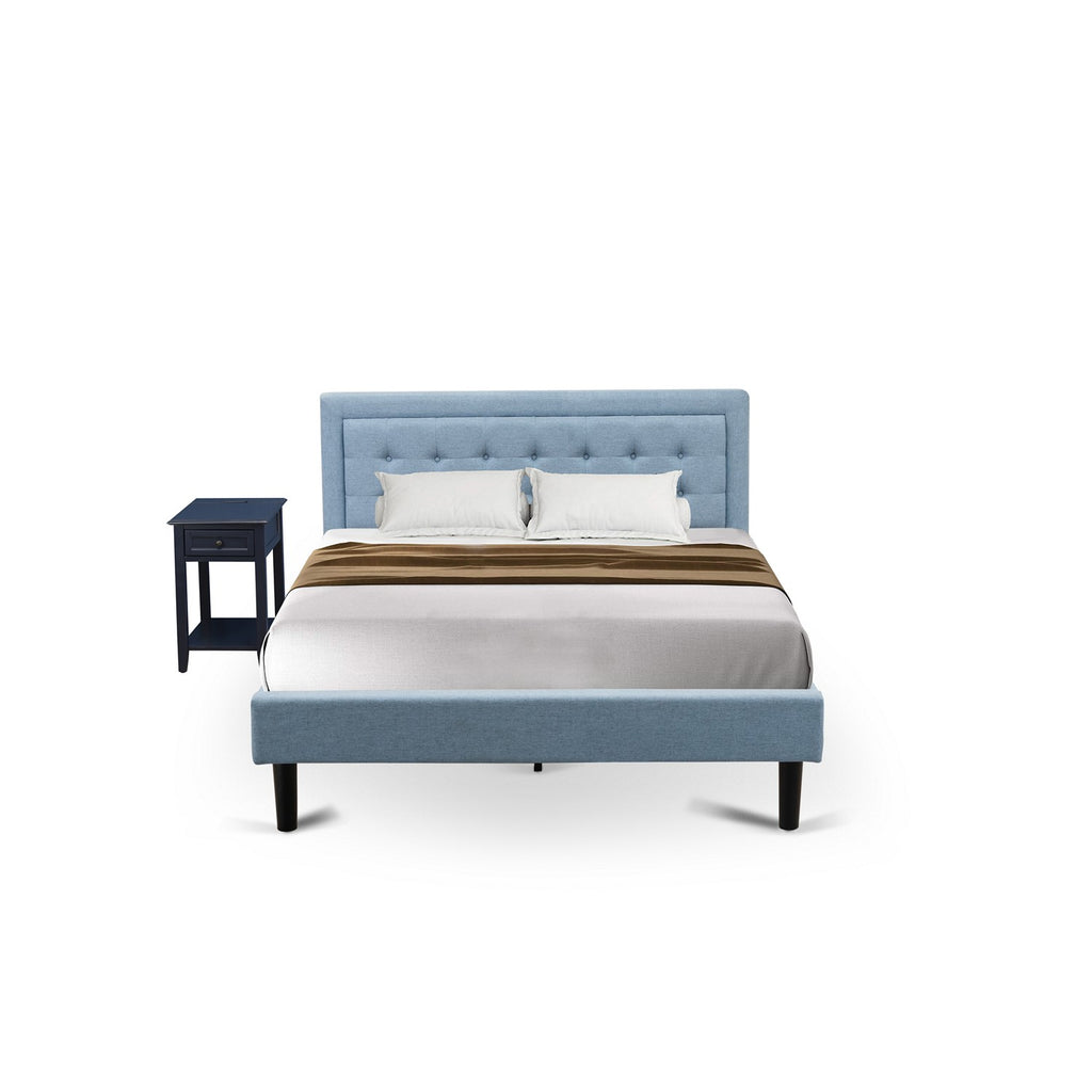 East West Furniture FN11Q-1DE15 2-Piece Fannin Queen Bedroom Set with 1 Wood Queen Bed Frame and an End Table for bedroom - Denim Blue Linen Fabric