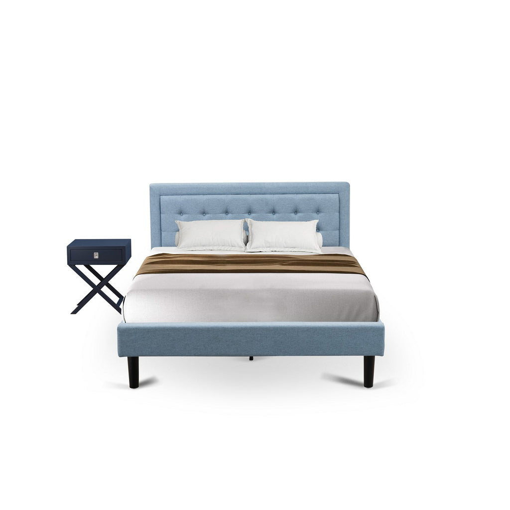 East West Furniture FN11Q-1HA15 2-Piece Platform Queen Bed Set Furniture with 1 Platform Bed and an End Table for bedroom - Reliable and Durable Construction - Denim Blue Linen Fabric