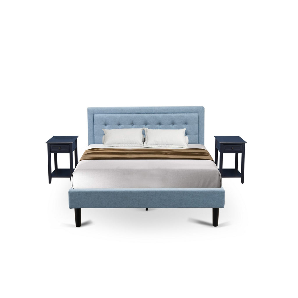 East West Furniture FN11Q-2DE15 3-Piece Platform Bed Set with 1 Queen Bed Frame and 2 Night Stands - Denim Blue Linen Fabric