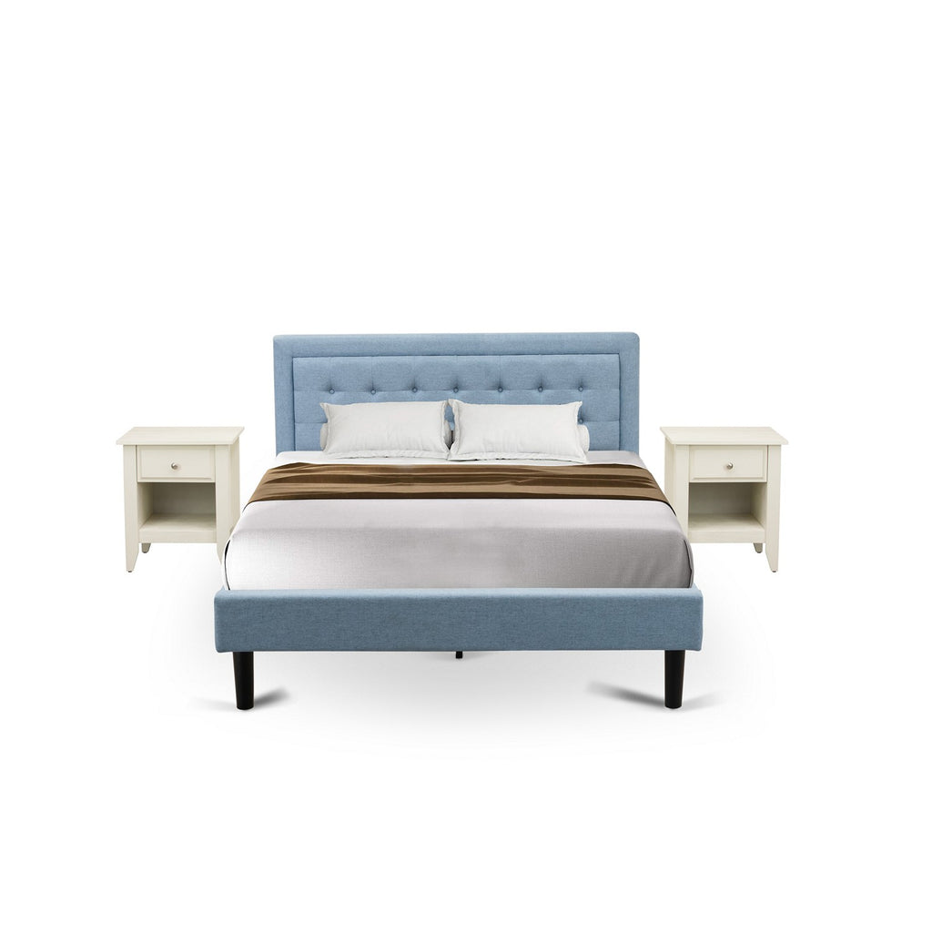 FN11Q-2GA0C 3-Piece Fannin Queen Bedroom Set with 1 Modern Bed and 2 Night Stands for Bedrooms - Reliable and Durable Construction - Denim Blue Linen Fabric
