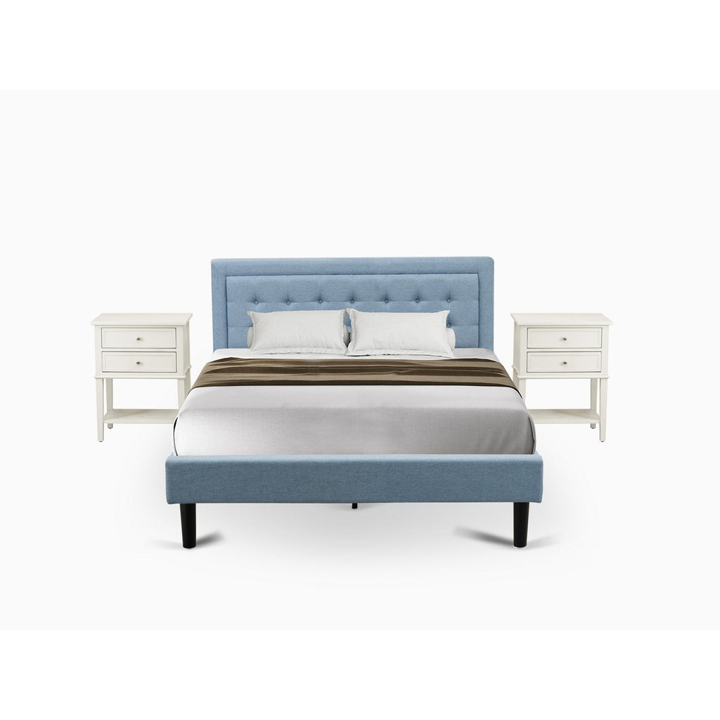 FN11Q-2VL0C 3-Piece Platform Wooden Set for Bedroom with 1 Queen Bedframe and 2 Modern Nightstands - Reliable and Sturdy Manufacturing - Denim Blue Linen Fabric