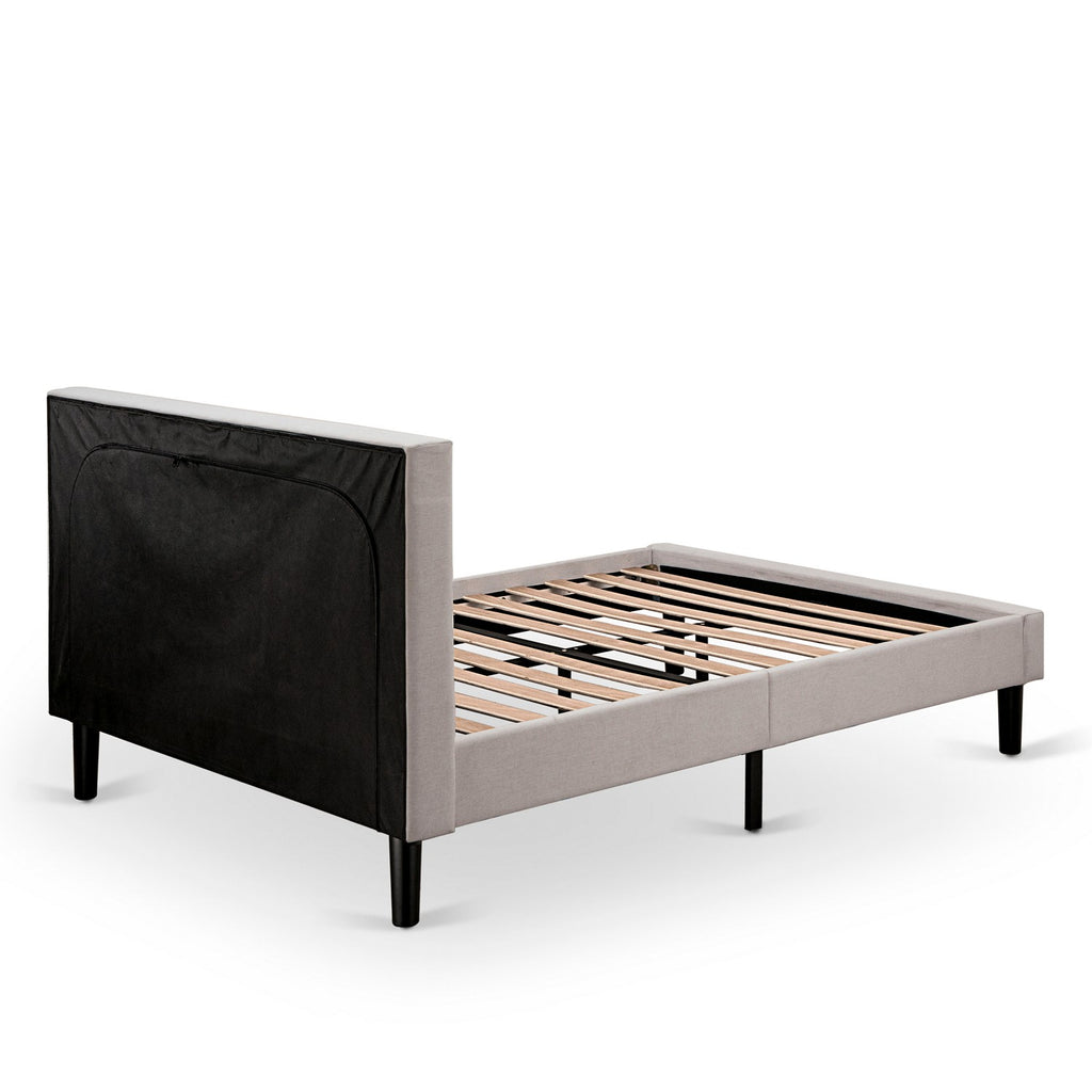 East West Furniture FNF-08-F Platform Full Size Bed - Mist Beige Linen Fabric Upholestered Bed Headboard with Button Tufted Trim Design - Black Legs
