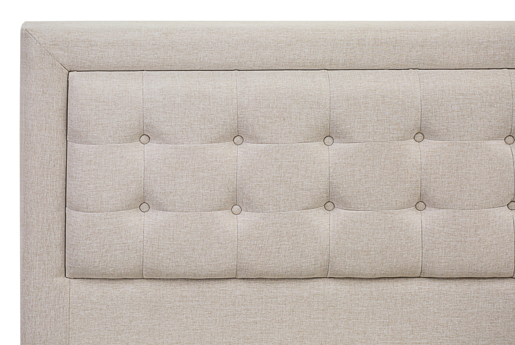 East West Furniture FNF-08-F Platform Full Size Bed - Mist Beige Linen Fabric Upholestered Bed Headboard with Button Tufted Trim Design - Black Legs
