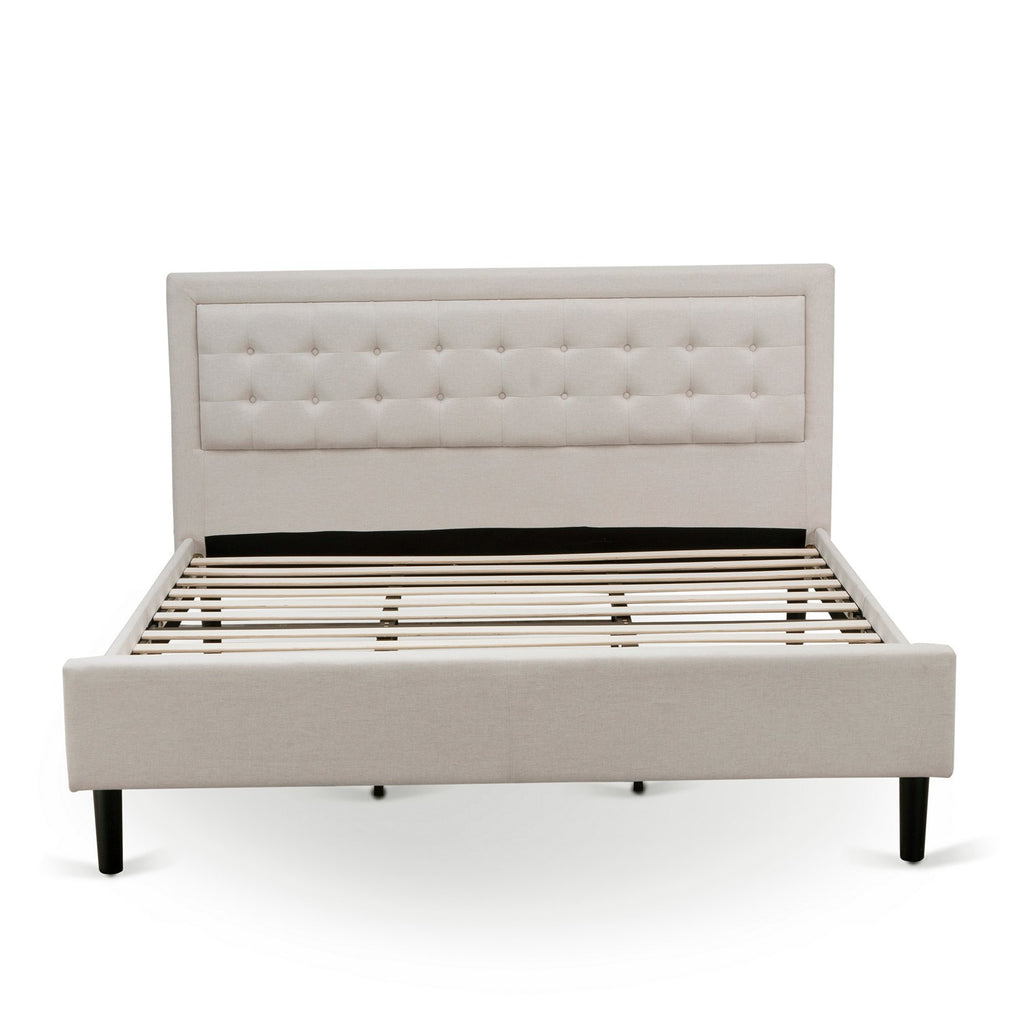East West Furniture FNF-08-K Platform King Size Bed - Mist Beige Linen Fabric Upholestered Bed Headboard with Button Tufted Trim Design - Black Legs