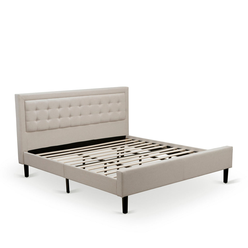East West Furniture FNF-08-K Platform King Size Bed - Mist Beige Linen Fabric Upholestered Bed Headboard with Button Tufted Trim Design - Black Legs
