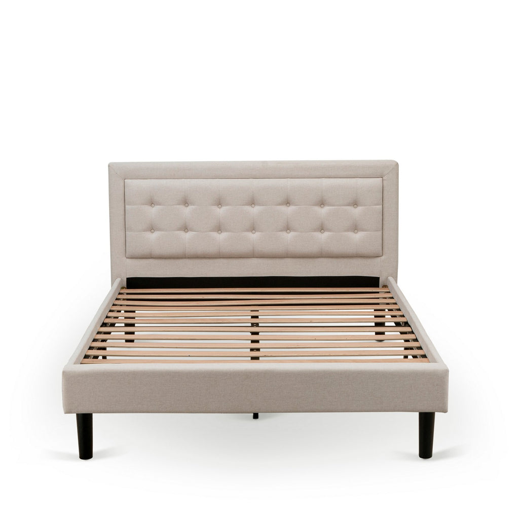 East West Furniture FNF-08-Q Platform Queen Size Bed - Mist Beige Linen Fabric Upholestered Bed Headboard with Button Tufted Trim Design - Black Legs