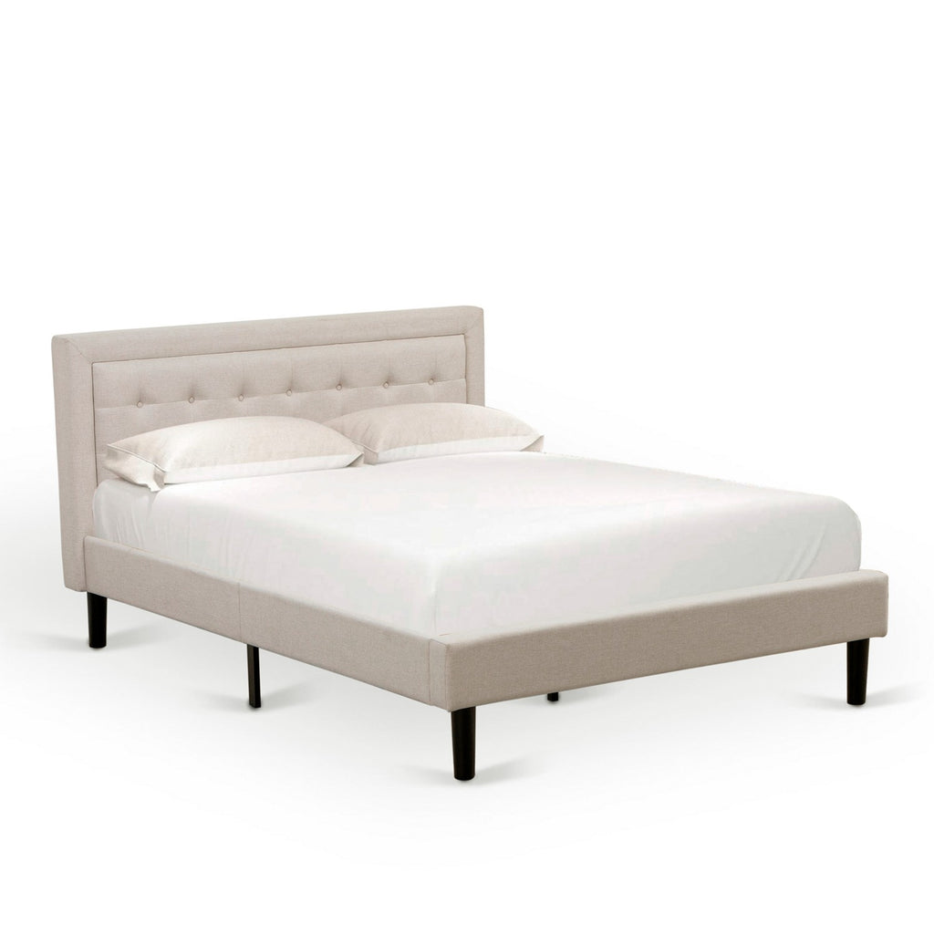East West Furniture FNF-08-Q Platform Queen Size Bed - Mist Beige Linen Fabric Upholestered Bed Headboard with Button Tufted Trim Design - Black Legs