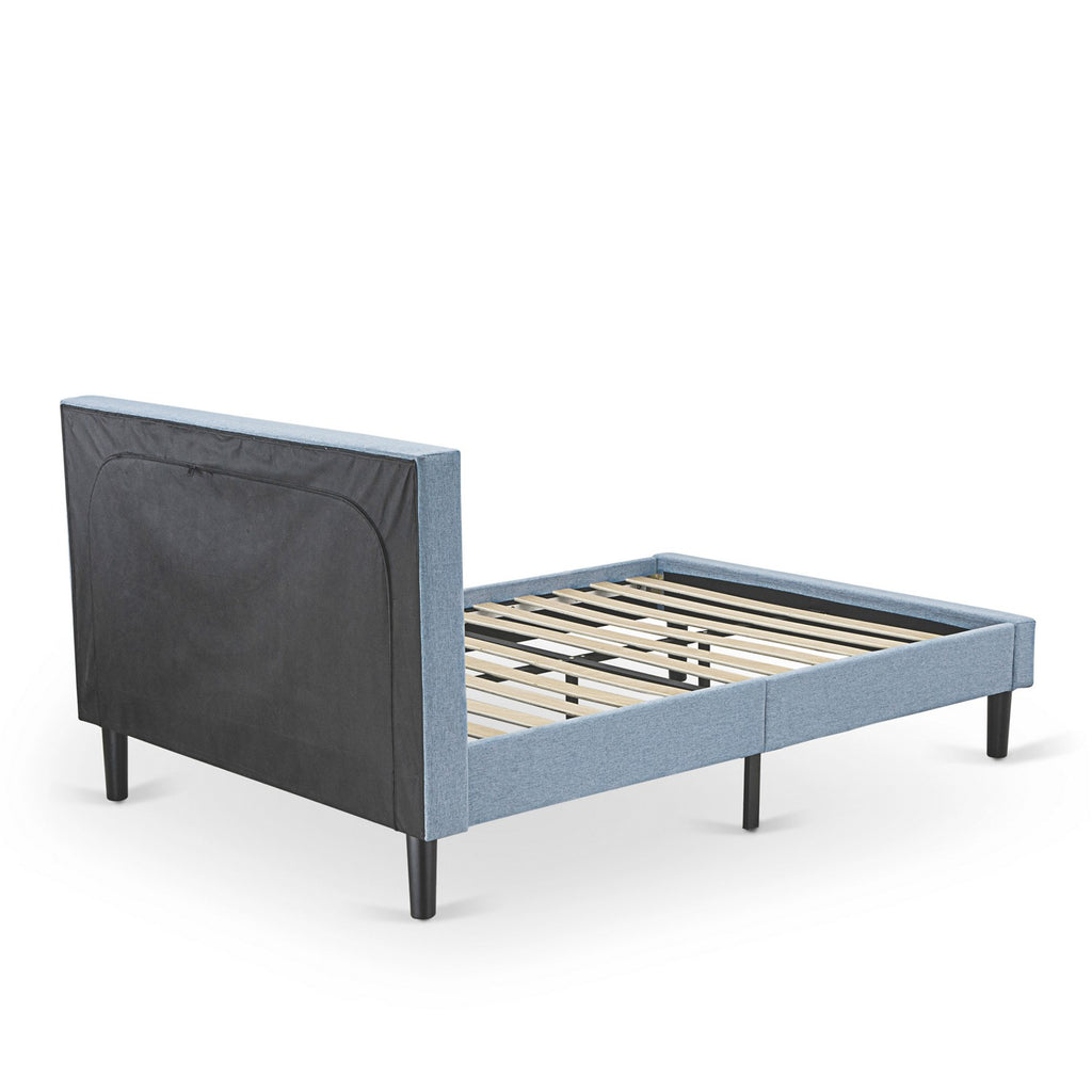 FN11F-1GA0C 2-Pc Platform Full Bedroom Set with 1 Full Bed Frame and a Night Stand - Reliable and Long lasting Manufacturing - Denim Blue Linen Fabric
