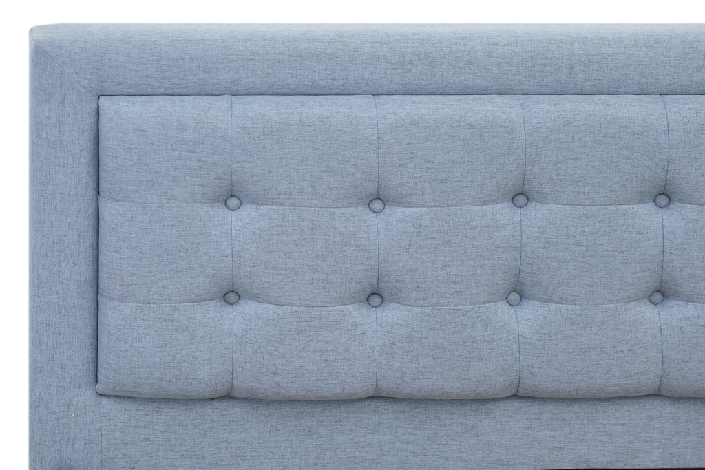 East West Furniture FNF-11-F Platform Full Bed Frame - Denim Blue Linen Fabric Upholestered Bed Headboard with Button Tufted Trim Design - Black Legs