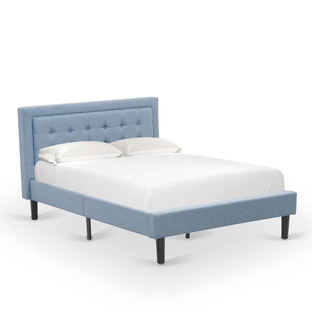 FN11F-1GA0C 2-Pc Platform Full Bedroom Set with 1 Full Bed Frame and a Night Stand - Reliable and Long lasting Manufacturing - Denim Blue Linen Fabric