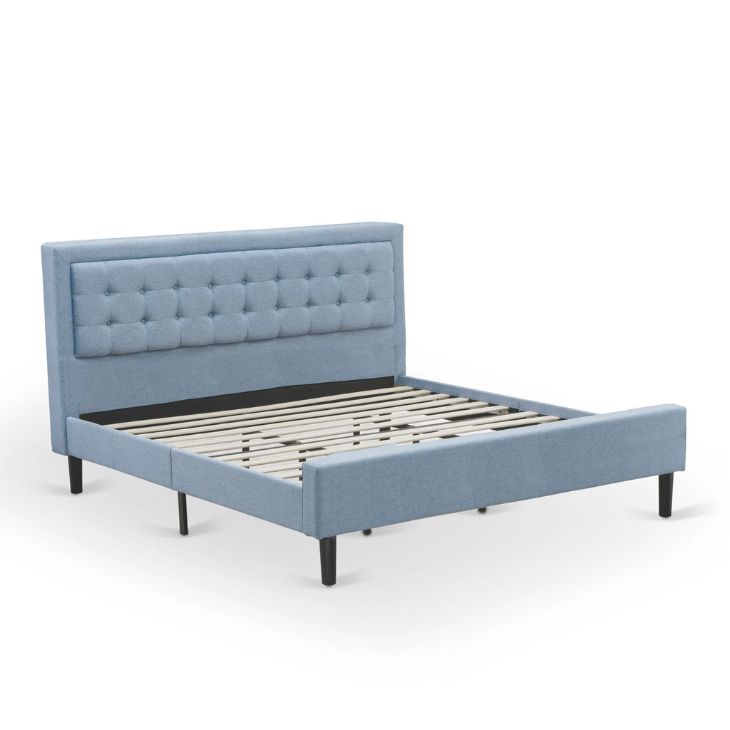 East West Furniture FN11K-1GO15 2-Piece Platform King Size Bed Set with 1 Mid Century Bed and a Navy Blue Bedroom Nightstand - Reliable and Durable Construction - Denim Blue Linen Fabric Bed