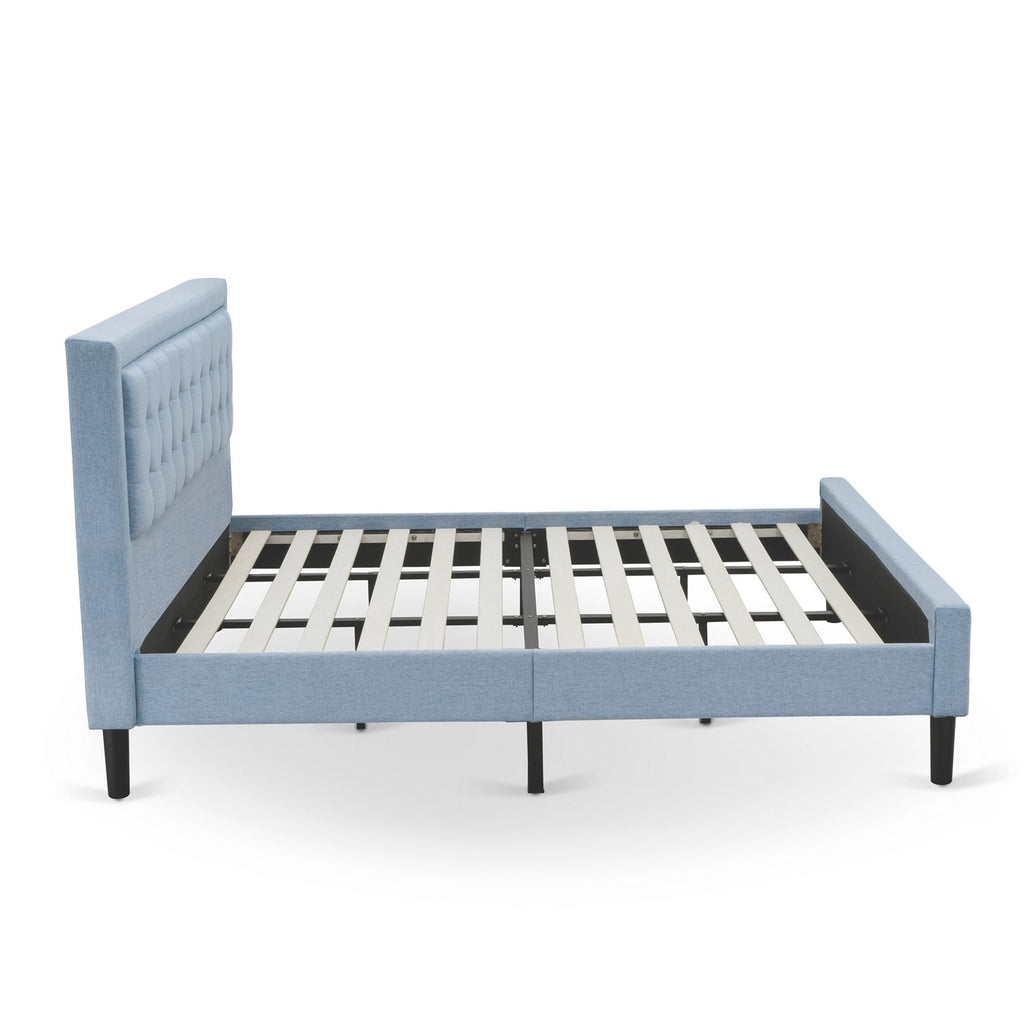 East West Furniture FNF-11-K Platform King Bed Frame - Denim Blue Linen Fabric Upholestered Bed Headboard with Button Tufted Trim Design - Black Legs