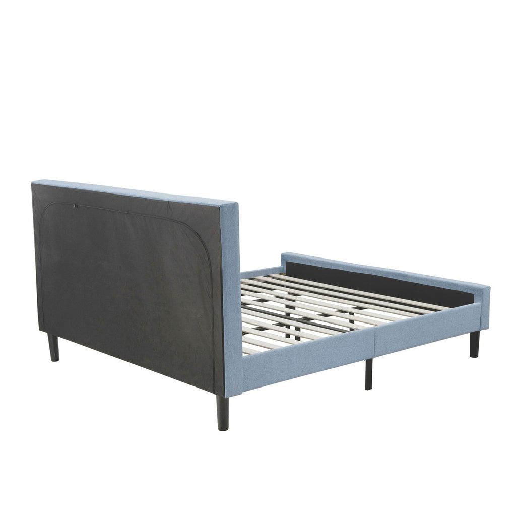 East West Furniture FNF-11-K Platform King Bed Frame - Denim Blue Linen Fabric Upholestered Bed Headboard with Button Tufted Trim Design - Black Legs