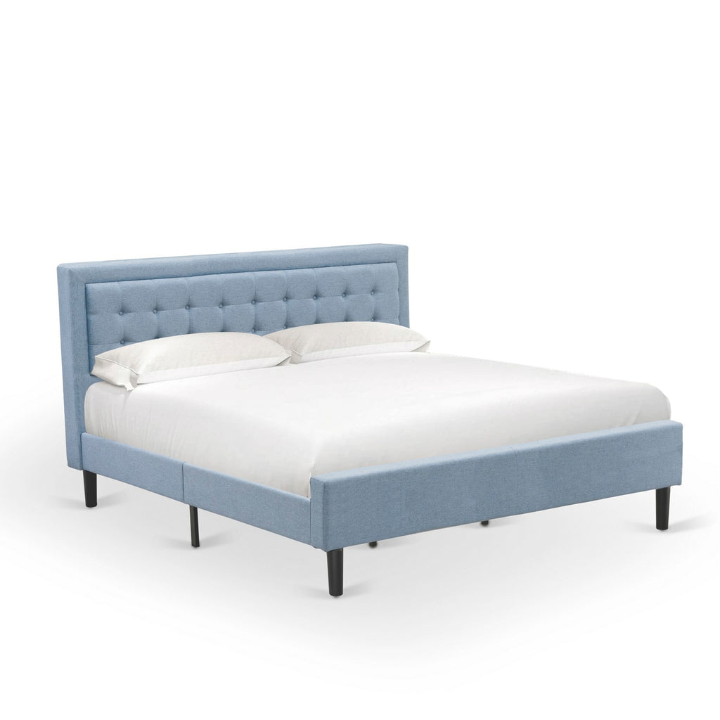 FN11K-2GA0C 3-Piece Platform King Bedroom Set with 1 Wood Bed Frame and 2 Modern Nightstands - Reliable and Durable Construction - Denim Blue Linen Fabric