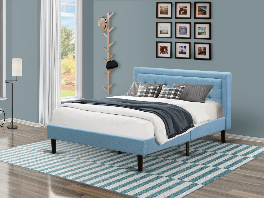 East West Furniture FNF-11-Q Platform Queen Size Bed - Denim Blue Linen Fabric Upholestered Bed Headboard with Button Tufted Trim Design - Black Legs