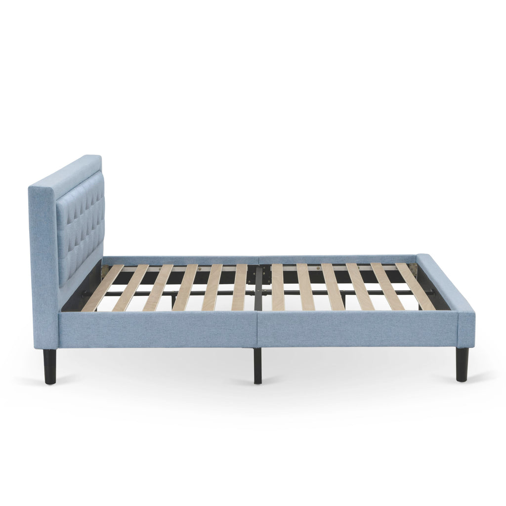 East West Furniture FNF-11-Q Platform Queen Size Bed - Denim Blue Linen Fabric Upholestered Bed Headboard with Button Tufted Trim Design - Black Legs